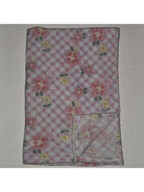 Little Joy Fleece Baby Blanket Floral Pink White Gingham Yellow Green Flowers